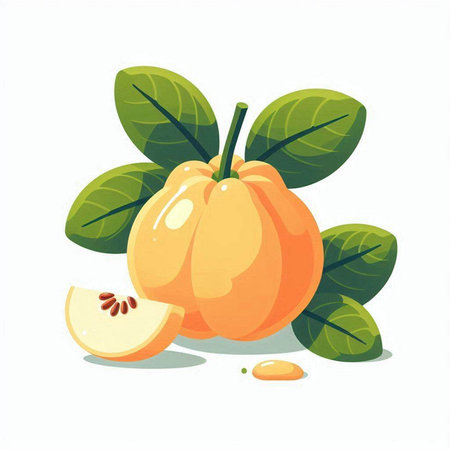 Vector illustration of a quince fruit with leaves on a white backgroundのイラスト素材