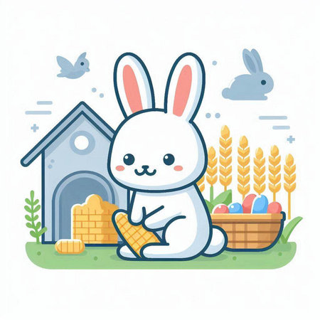 Cute cartoon bunny sitting in front of the house. Vector illustration.のイラスト素材