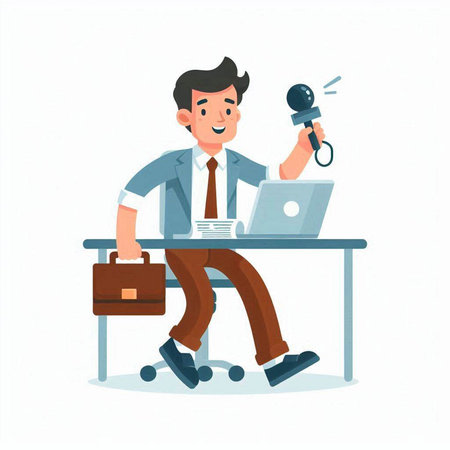 Journalist with microphone and laptop. Vector illustration in cartoon style.のイラスト素材