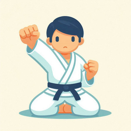 Taekwondo boy cartoon character. Vector illustration in flat styleのイラスト素材