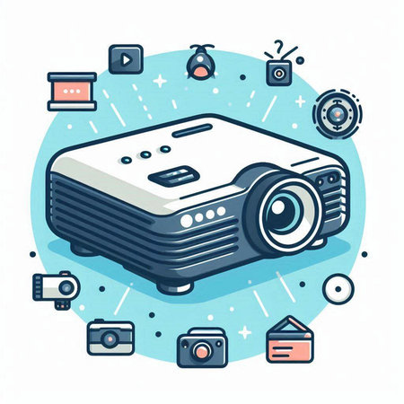 Vector illustration of a projector on white background. Flat line art style.のイラスト素材