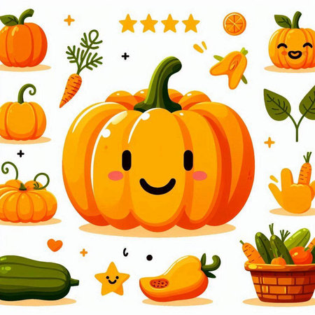 Set of cute cartoon pumpkins and other vegetables. Vector illustration.のイラスト素材