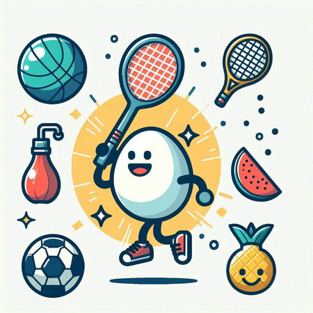 Funny cartoon tennis ball character with tennis racket and ball. Vector illustration.のイラスト素材