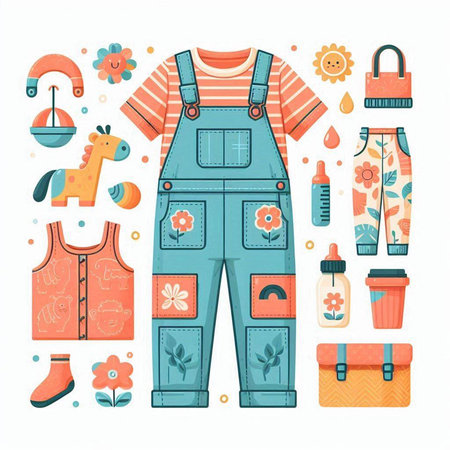 Set of clothes, accessories and accessories for a child. Vector illustrationのイラスト素材