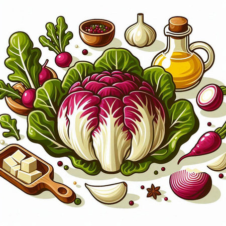 Illustration of a radicchio salad with ingredients on a white backgroundのイラスト素材