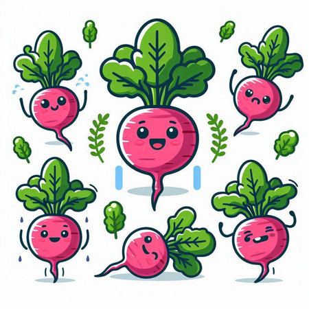 Set of cute cartoon radish vegetable character. Vector illustration isolated on white background.のイラスト素材