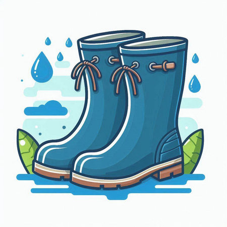 Blue rubber boots on a background of water drops. Vector illustration.のイラスト素材