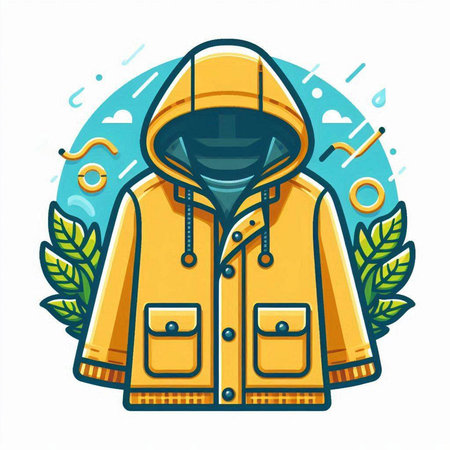 Vector illustration of a yellow raincoat with a hood and floral elements.のイラスト素材