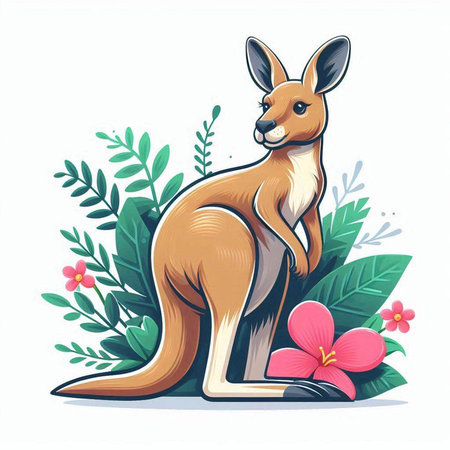 Kangaroo sitting on the grass with flowers. Vector illustration.のイラスト素材
