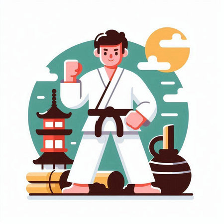 Taekwondo vector illustration. Cartoon man in kimono training.のイラスト素材
