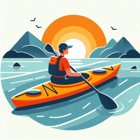 Man in kayak on the background of mountains. Vector illustration.のイラスト素材