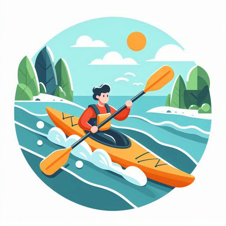 Kayaking flat vector illustration. Cartoon man in kayak paddling on river. Kayaking, canoeing, sport activity conceptのイラスト素材
