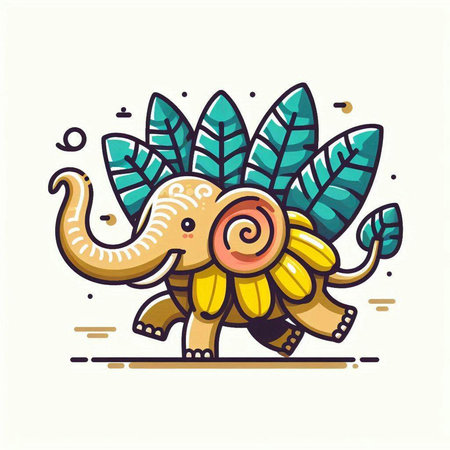 Cute elephant with flowers and leaves. Vector illustration in cartoon style.のイラスト素材