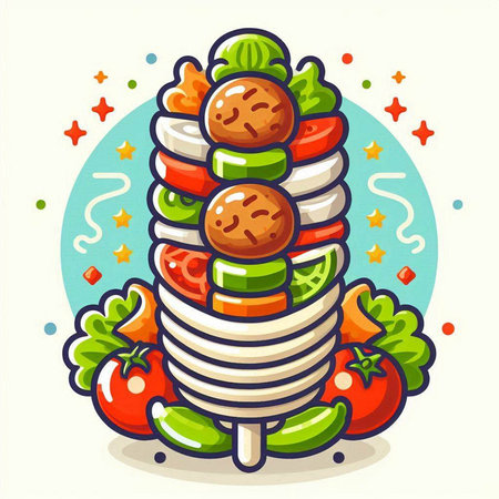 Vector illustration of a stack of hamburgers with vegetables on a stickのイラスト素材