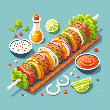 Barbecue kebab with vegetables and sauce. Vector illustration.のイラスト素材