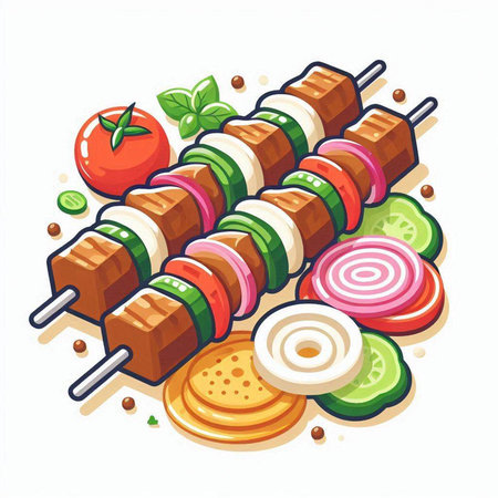 Grilled kebab on skewers with vegetables. Vector illustrationのイラスト素材