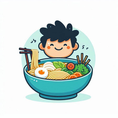 Vector illustration of a boy in a bowl with noodle and soupのイラスト素材