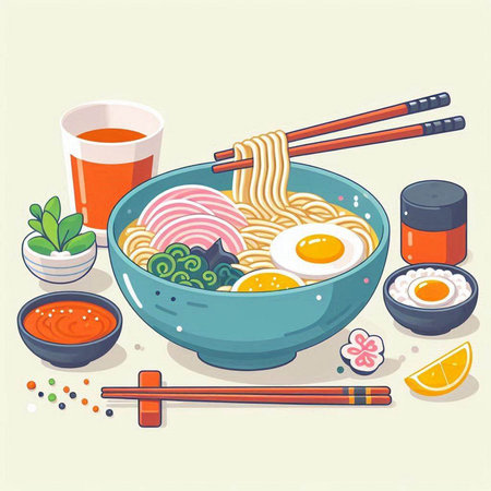Illustration of Japanese ramen noodle soup with chopsticks.のイラスト素材