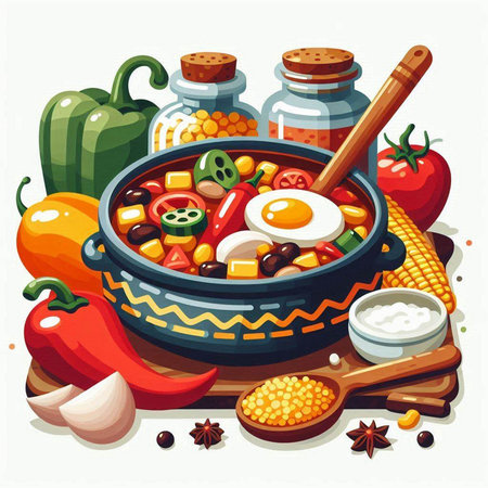 Vegetable stew with eggs, tomatoes, peppers, beans and spices. Vector illustration.のイラスト素材