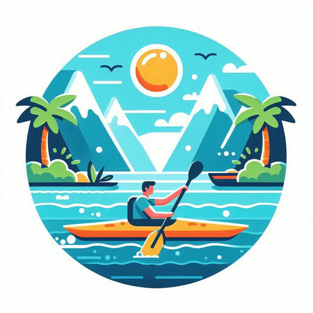 Kayaking in the sea. Vector illustration in a flat style.のイラスト素材