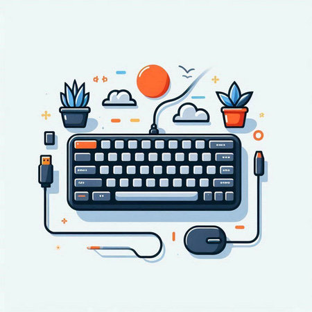 Computer keyboard and mouse on the white background. Flat style vector illustration.のイラスト素材
