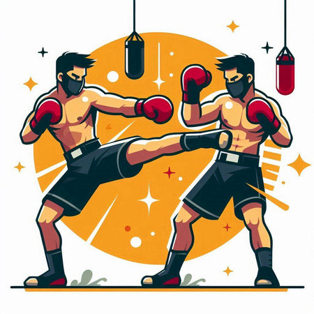 Two kickboxers fighting in the ring. Retro vector illustration.のイラスト素材