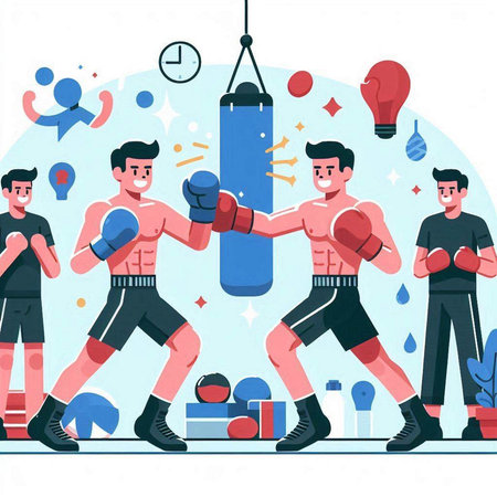 Boxing competition flat vector illustration. Group of men in boxing gloves fighting.のイラスト素材