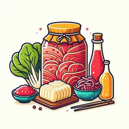 Illustration of Japanese food. Pasta in a glass jar, chopsticks, soy sauce, ketchup, mustard, lettuce.のイラスト素材