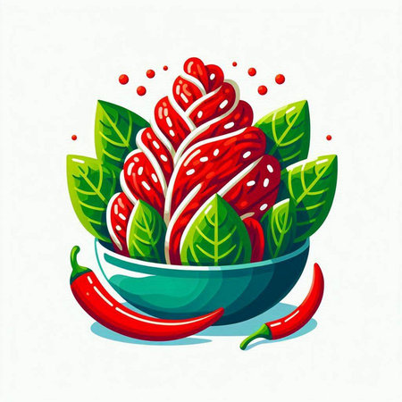 Red chili pepper in a bowl with green leaves. Vector illustration.のイラスト素材