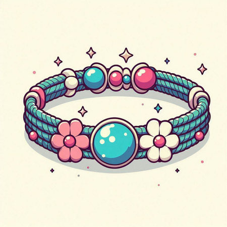 Illustration of a bracelet with beads and flowers on a white backgroundのイラスト素材