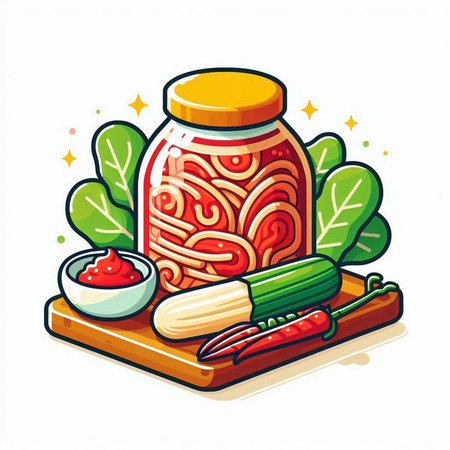 Pickled cucumbers in a jar on a cutting board. Vector illustration.のイラスト素材