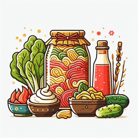 Illustration of a jar of pasta with vegetables and sauce on a white backgroundのイラスト素材