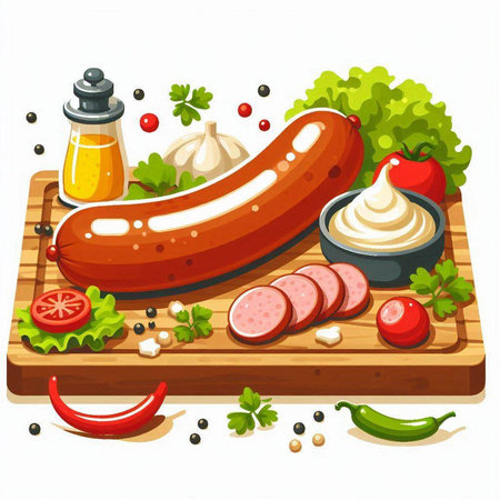 Sausage and ingredients on a wooden board. Vector illustration.のイラスト素材