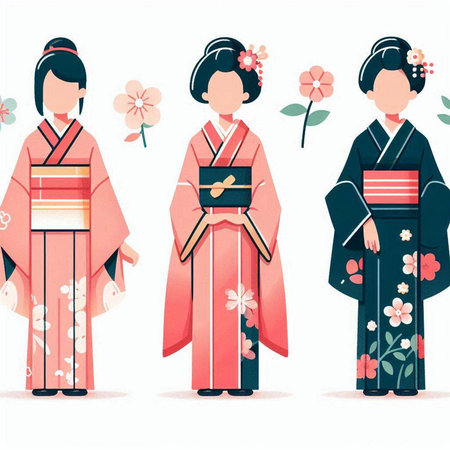 Set of japanese geisha in kimono. Vector illustration.のイラスト素材