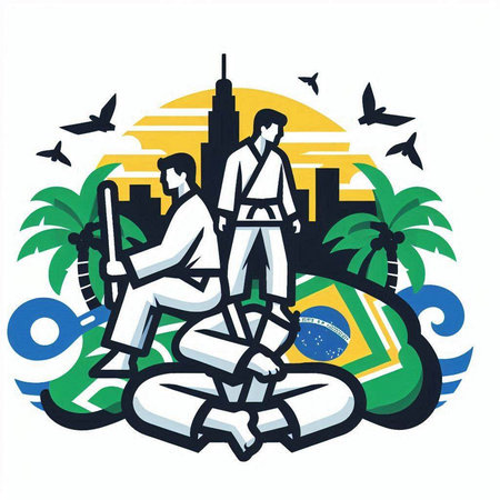 Illustration of a young couple practicing martial arts on the beach in the cityのイラスト素材