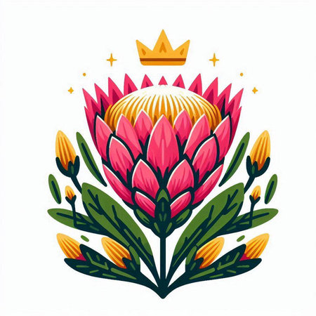 King protea flower with crown. Vector illustration isolated on white background.のイラスト素材