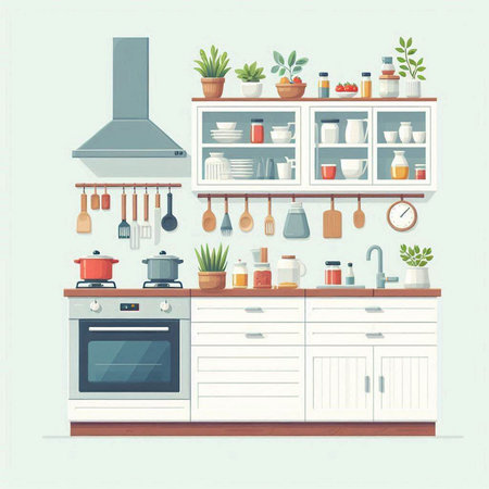 Kitchen interior design. Vector illustration in flat style. Furniture and utensils.のイラスト素材