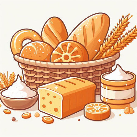 Basket of bread and other bakery products. Vector cartoon illustration.のイラスト素材