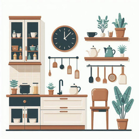 Kitchen interior with furniture and accessories. Vector illustration in flat styleのイラスト素材