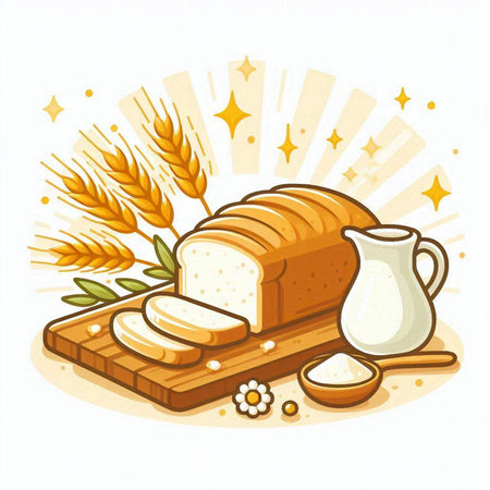 Bread with wheat and milk. Vector illustration in cartoon style.のイラスト素材