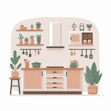Kitchen interior with furniture and plants. Vector illustration in flat styleのイラスト素材