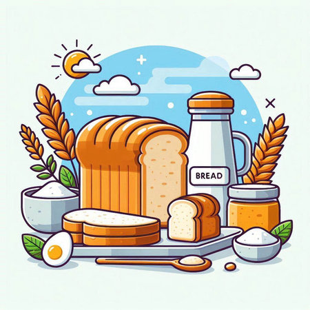 Bread and bakery products. Vector illustration in flat cartoon style.のイラスト素材