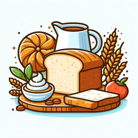 Vector illustration of a set of bread, butter, milk and wheat.のイラスト素材