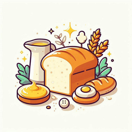 Bread and bakery products. Hand drawn vector illustration in cartoon style.のイラスト素材