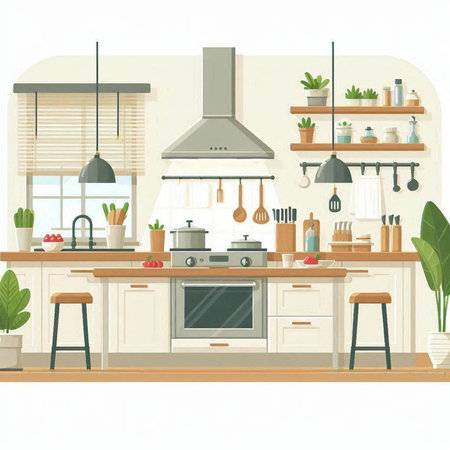 Kitchen interior. Vector illustration in flat style. Kitchen furniture.のイラスト素材