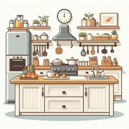 Kitchen interior with furniture and utensils. Vector illustration.のイラスト素材