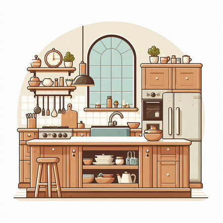 Kitchen interior with furniture and equipment. Vector illustration in flat styleのイラスト素材