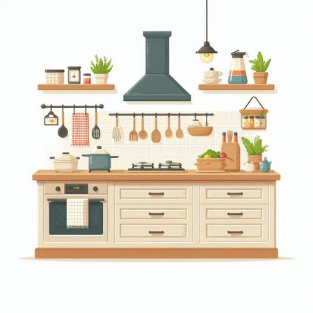 Kitchen interior with furniture and accessories. Vector illustration in cartoon styleのイラスト素材