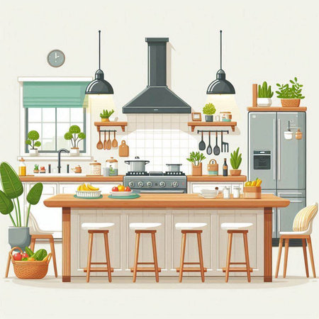 Kitchen interior with furniture and equipment. Flat style vector illustration.のイラスト素材