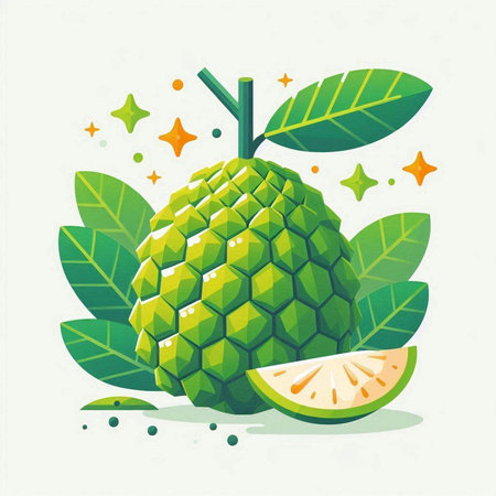 Custard apple fruit with leaves and stars, vector illustration.のイラスト素材